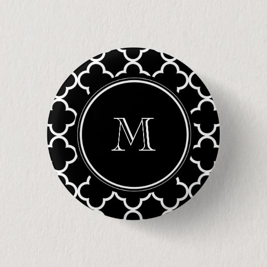 Schwarz-weißes Quatrefoil Muster, Ihr Monogramm Button (Vorderseite)