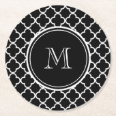 Schwarz-weißes Quatrefoil Muster, Ihr Monogramm Runder Pappuntersetzer (Vorderseite)