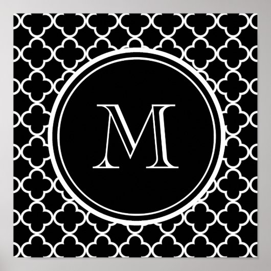 Schwarz-weißes Quatrefolienmuster, Ihr Monogramm Poster (Vorne)
