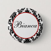 Schwarz-weißes Red Damask-Brautparty Button (Vorderseite)