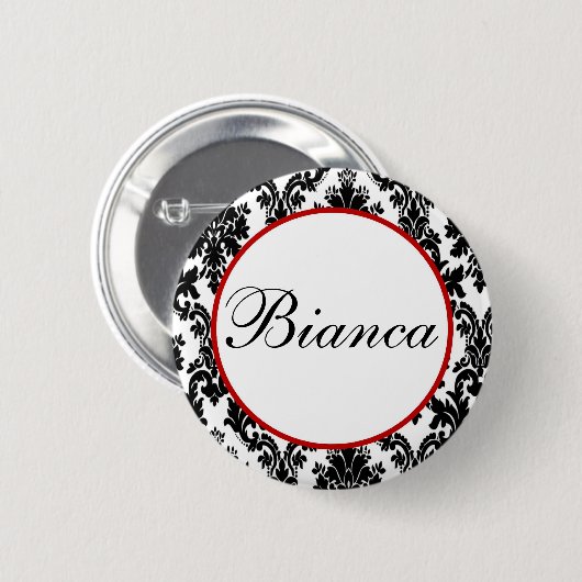 Schwarz-weißes Red Damask-Brautparty Button (Vorne & Hinten)