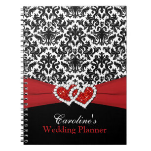 Schwarz-weißes Red Damask Wedding Planner Notebook Notizblock