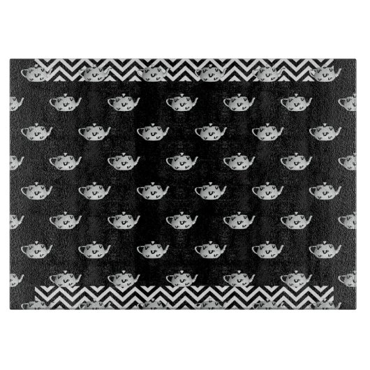 Schwarz-weißes Repeat Teapot Glass Cutting Board Schneidebrett (Vorderseite)