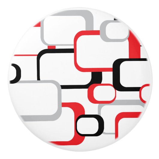 Schwarz-weißes Retro Square Muster in Red Grau Keramikknauf (Vorderseite)