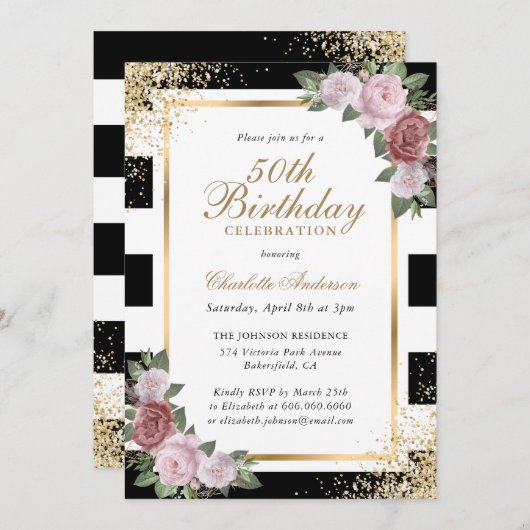 Schwarz-weißes Rosa Rosa Blütenrot am 50. Geburtst Einladung (Vorne/Hinten)