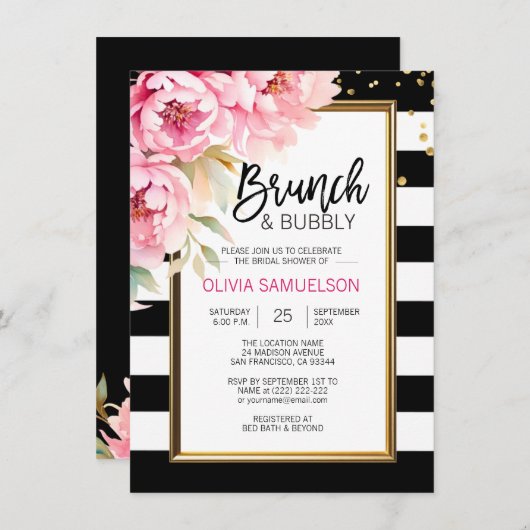 Schwarz-weißes, rosafarbenes Brunch & Bubbly Einladung (Vorne/Hinten)