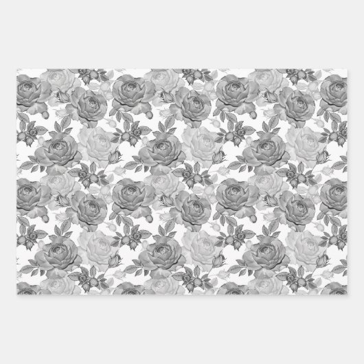 Schwarz-weißes Rose-Wrapping Papier Set 3 (Vorderseite 3)