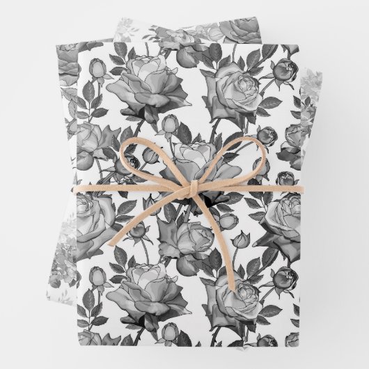 Schwarz-weißes Rose-Wrapping Papier Set 3 (Beispiel)