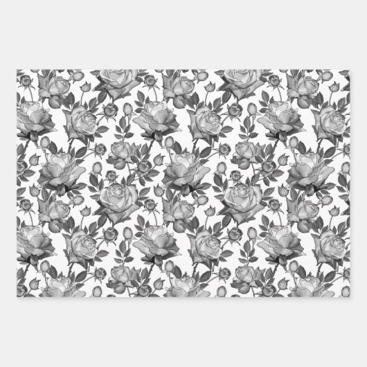 Schwarz-weißes Rose-Wrapping Papier Set 3 (Vorderseite)