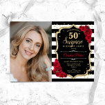 Schwarz-weißes Rotes Foto Überraschung 50. Geburts Einladung<br><div class="desc">Elegante florale feminine Überraschung 50. Geburtstagseinladung mit Ihrem Foto. Glam Schwarz-weiß rotes Design mit Imitaten Glitzer Gold. Enthält schwarz-weiße Streifen,  rote Rosen,  Skript-Schriftart und Konfetti. Ideal für ein stilvolles Erwachsenenüberraschungs-Party. Personalisieren Sie Ihre persönlichen Daten. Kann für jedes Alter angepasst werden! Gedruckte Zazzle Einladungen oder Sofortdownload digitalen druckbaren Vorlage.</div>