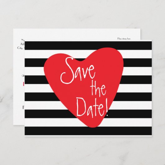 Schwarz-weißes Rotes Herz Postkarte gestreift (Vorne/Hinten)