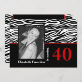 Schwarz-weißes, rotes Zebra-Foto 40. Geburtstag Einladung (Vorne/Hinten)