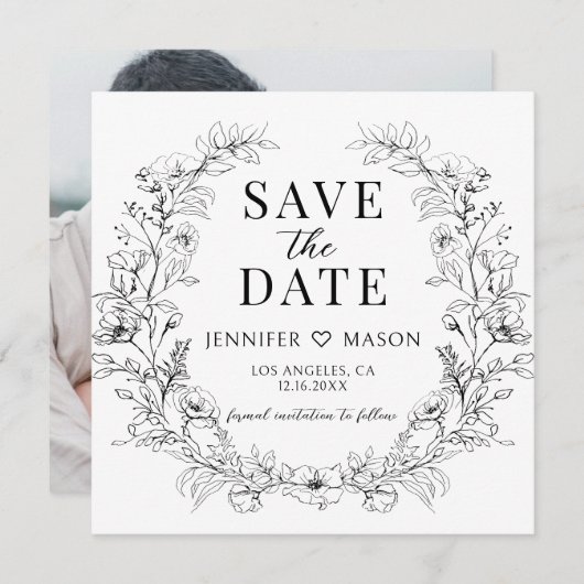 Schwarz-weißes rustikales Save the Date Foto Einla (Vorne/Hinten)