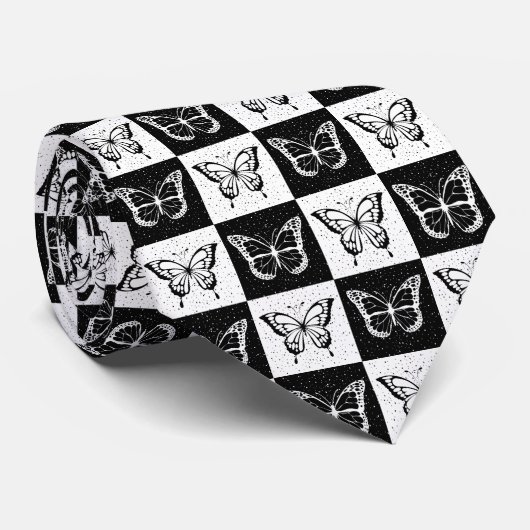 Schwarz-weißes Schmetterlingsdesign Krawatte (Gerollt)