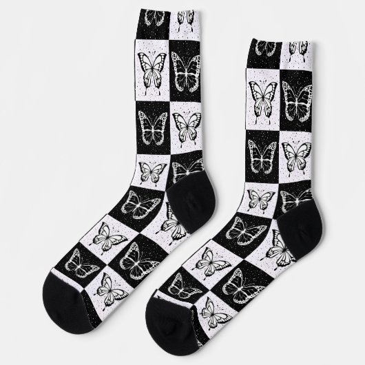 Schwarz-weißes Schmetterlingsdesign Socken (Linkes Detail)
