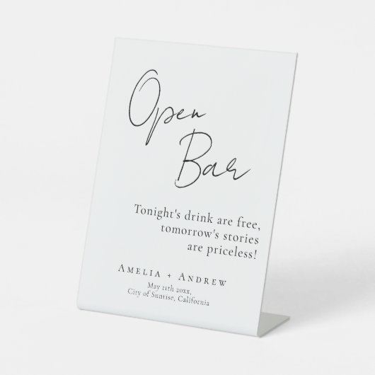 Schwarz-weißes Script Elegant Wedding Open Bar Sockelschild (Vorderseite)