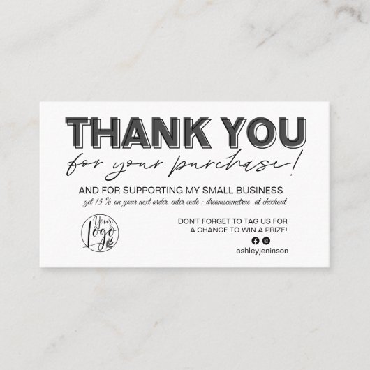 Schwarz-weißes Script Foto Logo Bestellung Vielen Visitenkarte (Vorderseite)