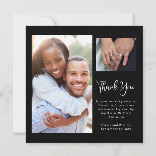 Schwarz-weißes Script Minimalistisch Wedding Danke Einladung (Vorderseite)