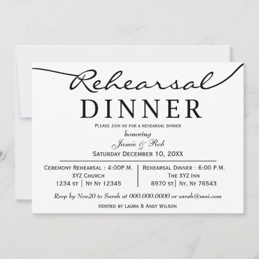 Schwarz-weißes Script Probe Dinner laden Einladung (Vorderseite)