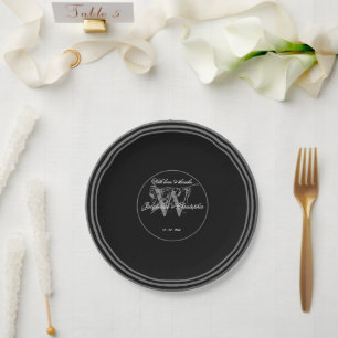 Schwarz-weißes Silber Elegant Wedding Chic Monogra Pappteller