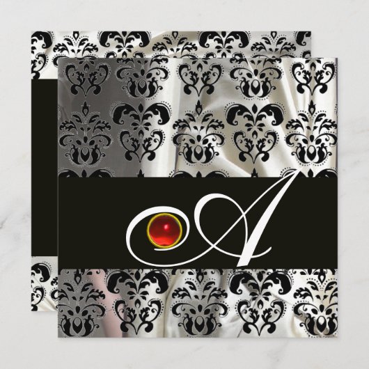 SCHWARZ-WEISSES SILK DAMASK CLOTH MONOGRAMM RED RU EINLADUNG (Vorne/Hinten)