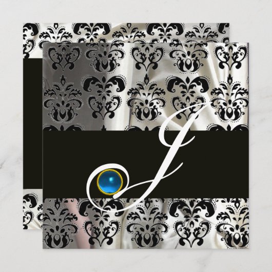 SCHWARZ-WEISSES SILK DAMASK MONOGRAM BLAUE SAPPHIR EINLADUNG (Vorne/Hinten)