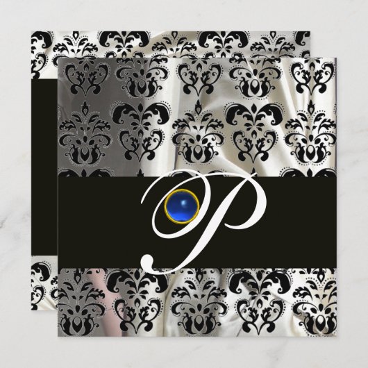 SCHWARZ-WEISSES SILK DAMASK MONOGRAM BLAUE SAPPHIR EINLADUNG (Vorne/Hinten)