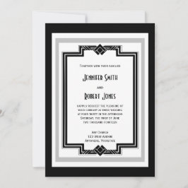 Schwarz-weißes Silver Art Deco Hochzeitsempfang Einladung