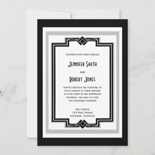 Schwarz-weißes Silver Art Deco Hochzeitsempfang Einladung (Vorderseite)