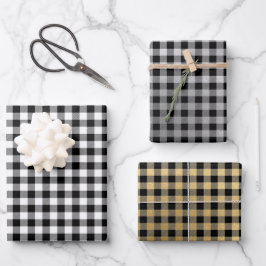 Schwarz-weißes Silver Gold Kariert Geschenkpapier Set