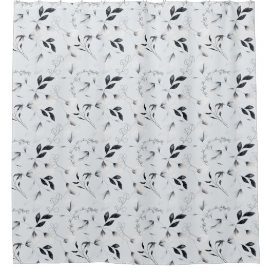 Schwarz-weißes Silver Gray Floral Blätter Chic Duschvorhang (Vorderseite)