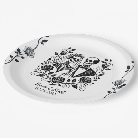 Schwarz-weißes Skelett Rose Weinroute Mendrisiotto Pappteller (Schrägansicht)