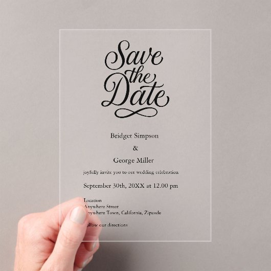 Schwarz-weißes Skript Hochzeit sicher das Datum Acryleinladungen (Insitu (Handheld))