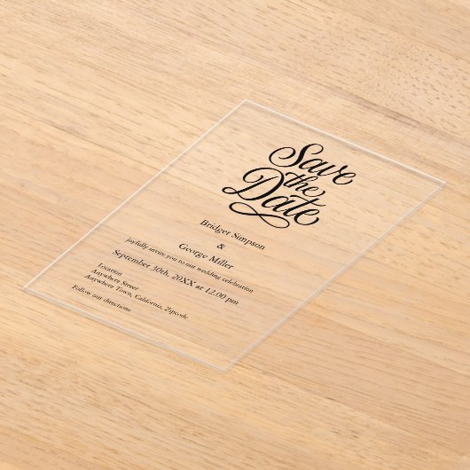Schwarz-weißes Skript Hochzeit sicher das Datum Acryleinladungen (Ablage )