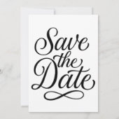 Schwarz-weißes Skript Hochzeit sicher das Datum Einladung (Rückseite)