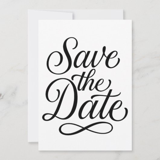 Schwarz-weißes Skript Hochzeit sicher das Datum Einladung (Rückseite)