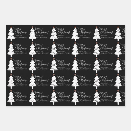 Schwarz-weißes Skript Merry Christmas Tree Name Geschenkpapier Set (Vorderseite 2)
