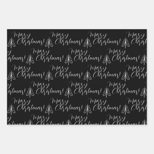 Schwarz-weißes Skript Merry Christmas Tree Name Geschenkpapier Set (Vorderseite)