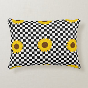 Schwarz-weißes Sonnenblumen-Karo-Blumenmuster Dekokissen