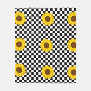 Schwarz-weißes Sonnenblumen-Karo-Blumenmuster Fleecedecke