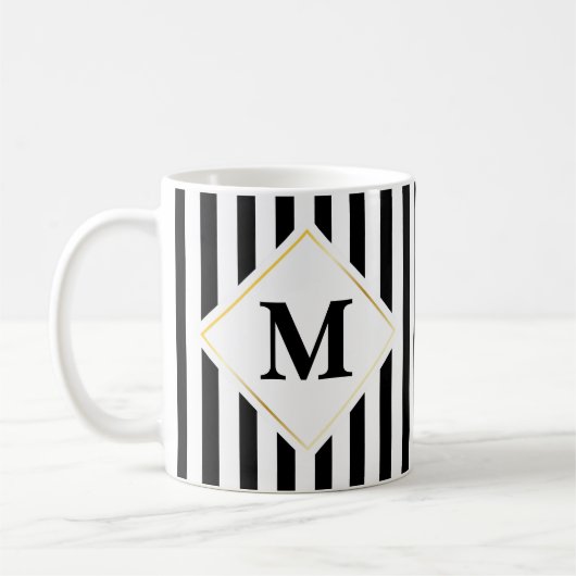 Schwarz-weißes Streifen-Monogramm Kaffeetasse (Links)