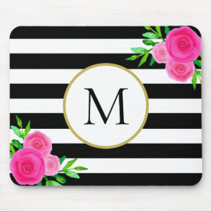Schwarz-weißes Strickfarbenes Blumenmonogramm Mousepad