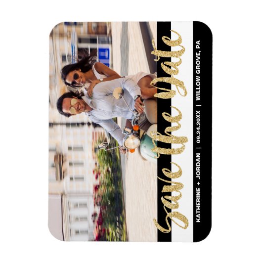 Schwarz-weißes Strip- und Gold-Text-Save the Date  Magnet (Vertikal)
