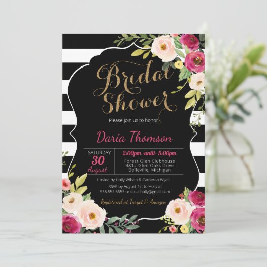 Schwarz-weißes  Stripe Rosa Brautparty Einladung (Stehend Vorderseite)