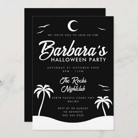 Schwarz-weißes Summer Night Beach Halloween-Party Einladung (Vorne/Hinten)