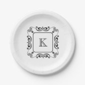 Schwarz-weißes Swirl Geblüht Anfangsmonogramm Pappteller (Vorderseite)