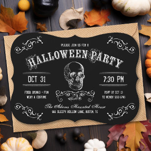 Schwarz-weißes Totenkopf-Halloween-Kostenfest Einladung