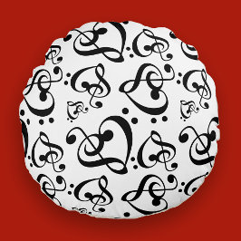 Schwarz-weißes Treble Clef Herz Musiknotens Muster Rundes Kissen