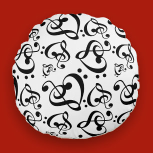 Schwarz-weißes Treble Clef Herz Musiknotens Muster Rundes Kissen