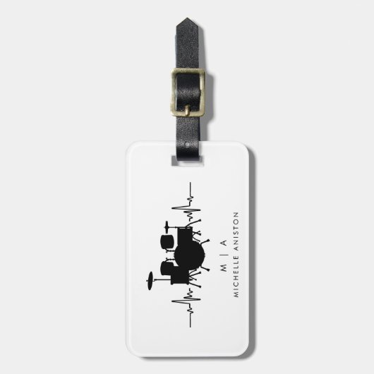 Schwarz-weißes Trommeln Heartbeat Monogramm Gepäckanhänger (Vorderseite vertikal)